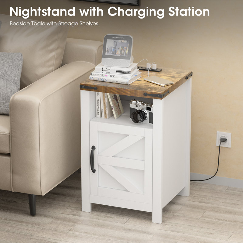 Millwood Pines Wood Nightstands with Charging Station End Table Bedside Tables with Barn Door